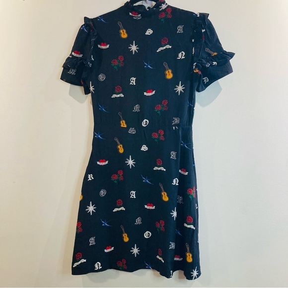 SANDRO PARIS Sz 3 (EU) US S Tattoo Print Ruffles Neckline Sleeves A-Line Dress - Picture 14 of 15